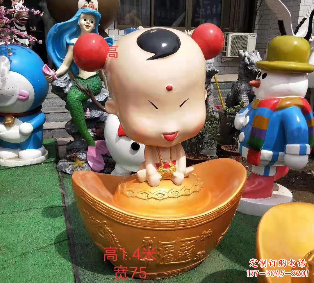 新乡玻璃钢卡通元宝娃娃雕塑招财人物摆件