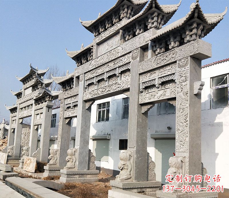 新乡大型五门仿古牌坊石雕 (2)