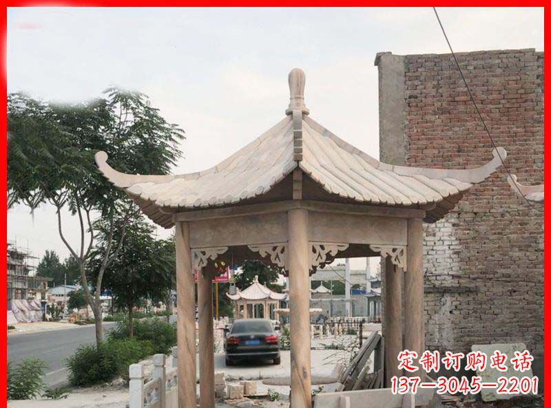 新乡公园晚霞红六角石凉亭雕塑