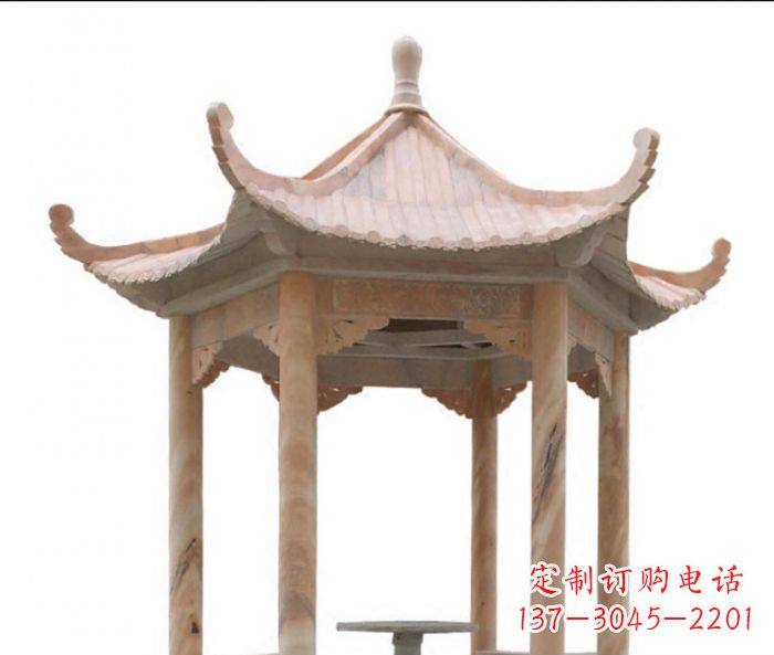 新乡美丽而优雅的公园晚霞红六角石凉亭雕塑