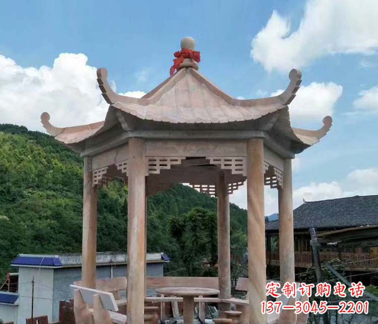 新乡一流的公园晚霞红六角石雕凉亭