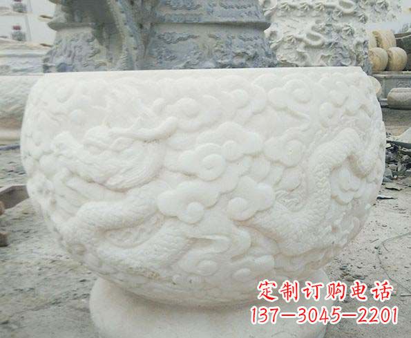 新乡汉白玉龙浮雕招财石水缸