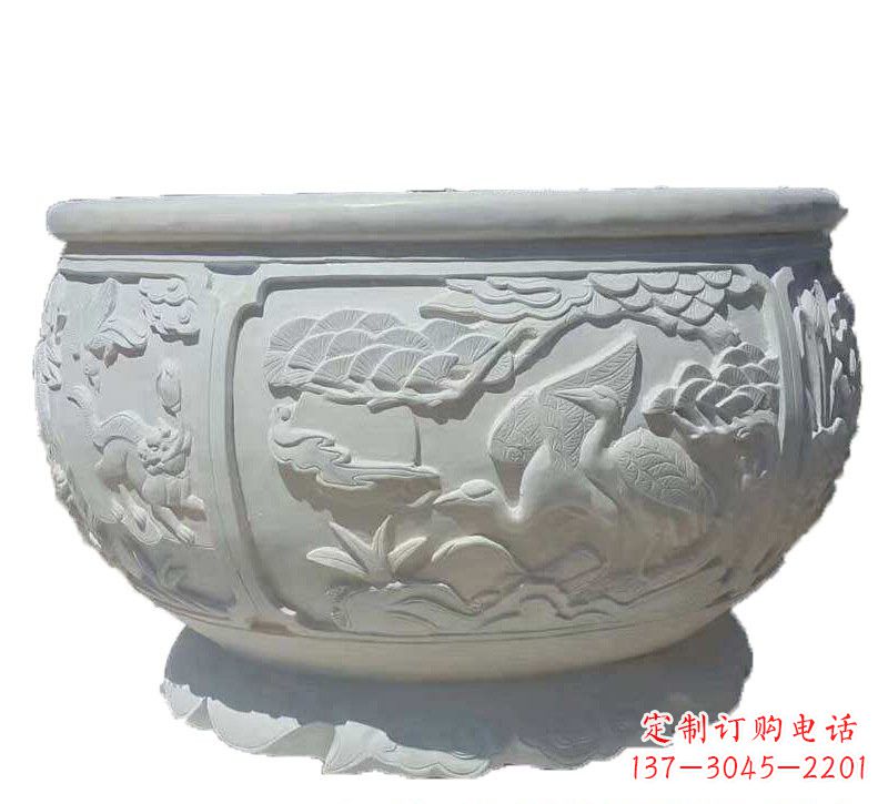 新乡汉白玉松鹤延年浮雕水缸,带给您无尽的岁月美景