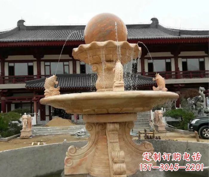 新乡双层风水球喷泉晚霞红石雕