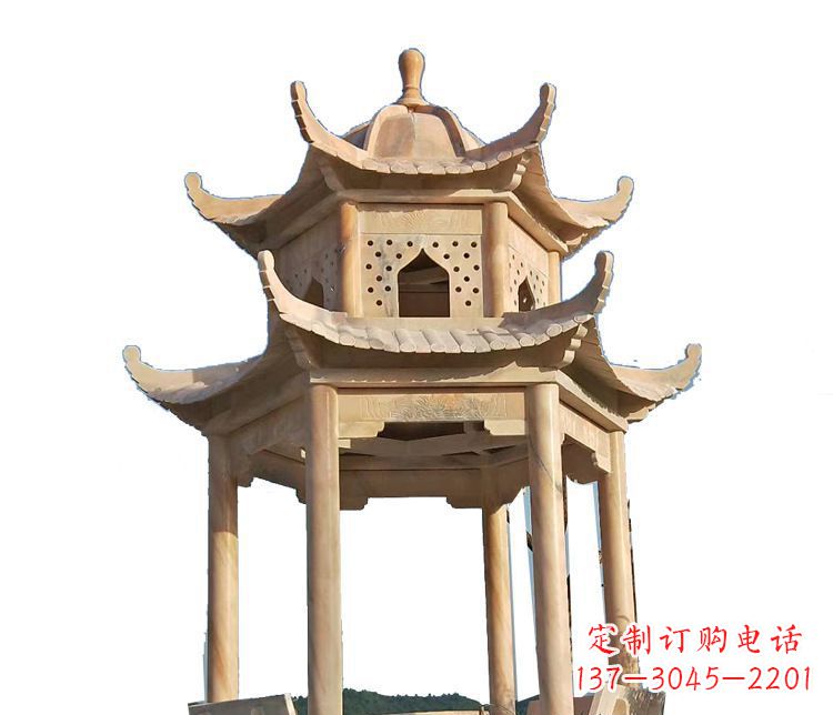 新乡双层晚霞红凉亭石雕 (2)