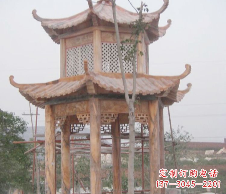 新乡双层晚霞红石凉亭石雕 (2)