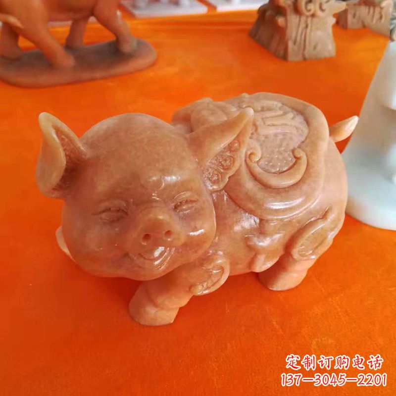 新乡晚霞红大理石招财猪雕塑-企业商场创意生肖动物风水摆件
