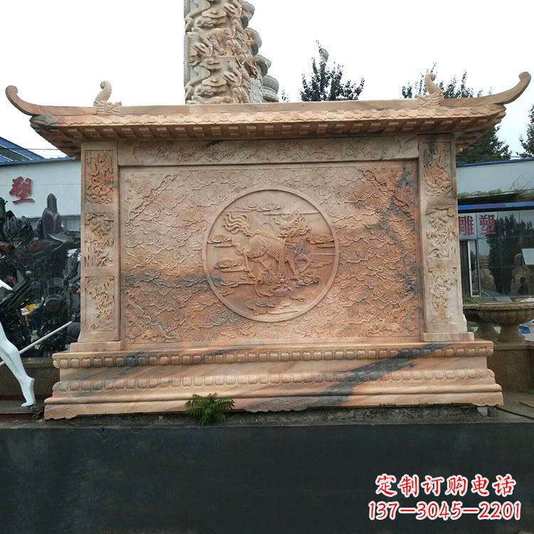新乡晚霞红麒麟影壁墙石雕