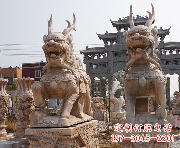 新乡晚霞红瑞兽麒麟石雕 (2)