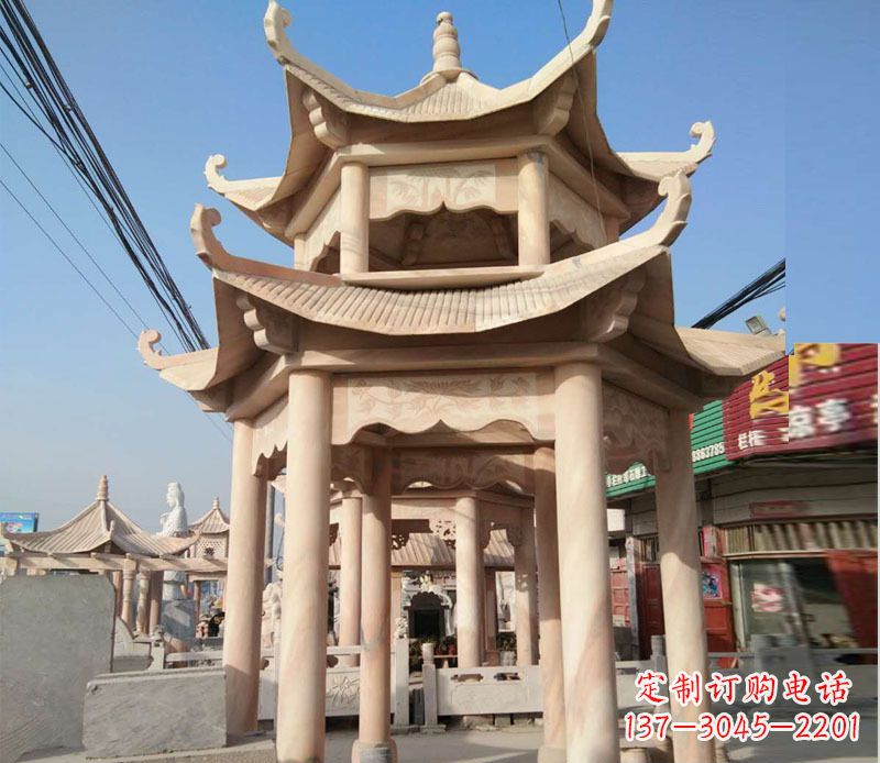 新乡晚霞红双层六角凉亭石雕 (3)
