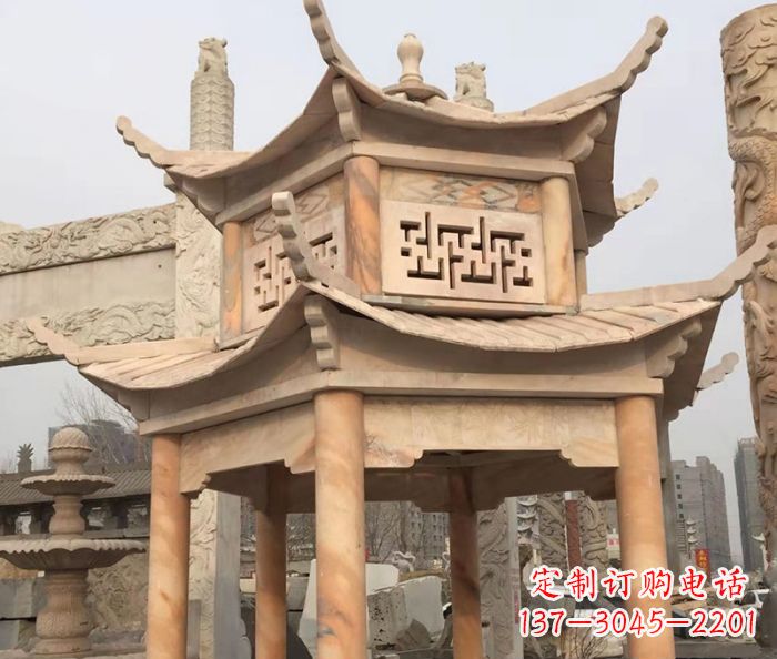 新乡晚霞红双层石雕凉亭