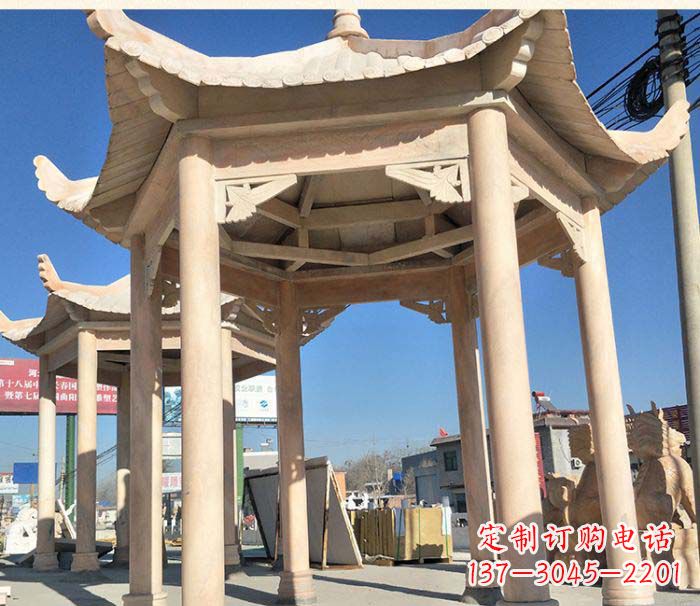 新乡园林景观晚霞红六角石雕凉亭 (2)