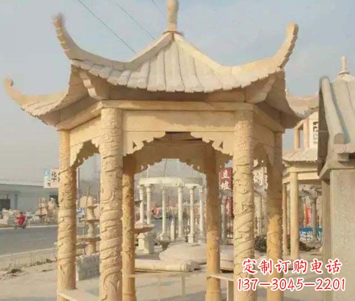 新乡园林景观晚霞红六角石雕凉亭 (3)