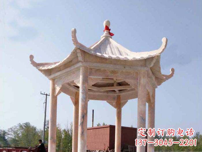 新乡园林景观晚霞红六角石雕凉亭