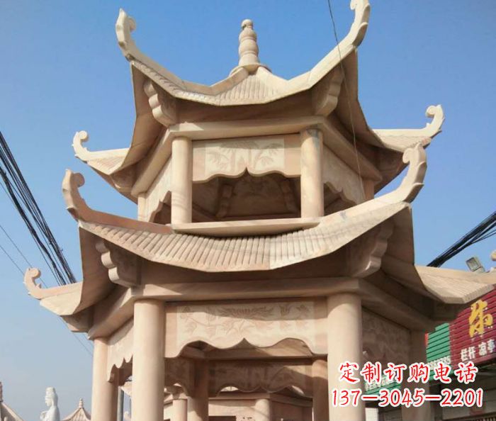 新乡园林景观晚霞红双层石雕凉亭 (2)