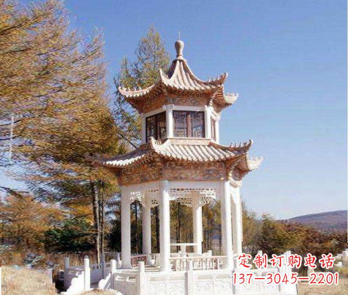 新乡园林景观晚霞红双层石雕凉亭 (3)