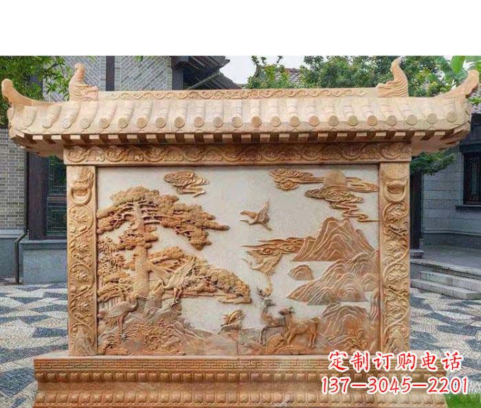 新乡园林景观晚霞红松鹤石浮雕影壁