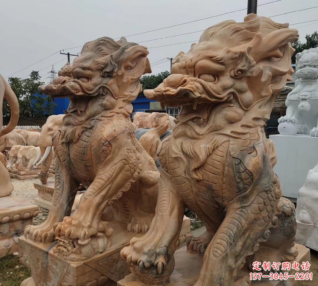 新乡园林晚霞红古代招财神兽麒麟石雕