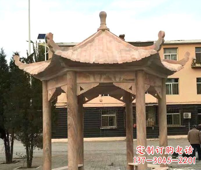 新乡园林晚霞红六角石雕凉亭