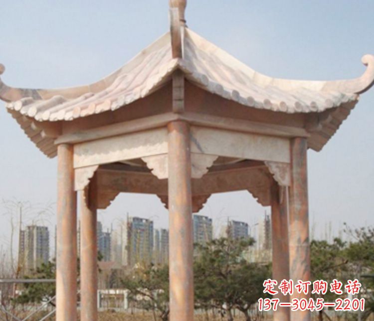 新乡园林晚霞红六角石凉亭景观石雕